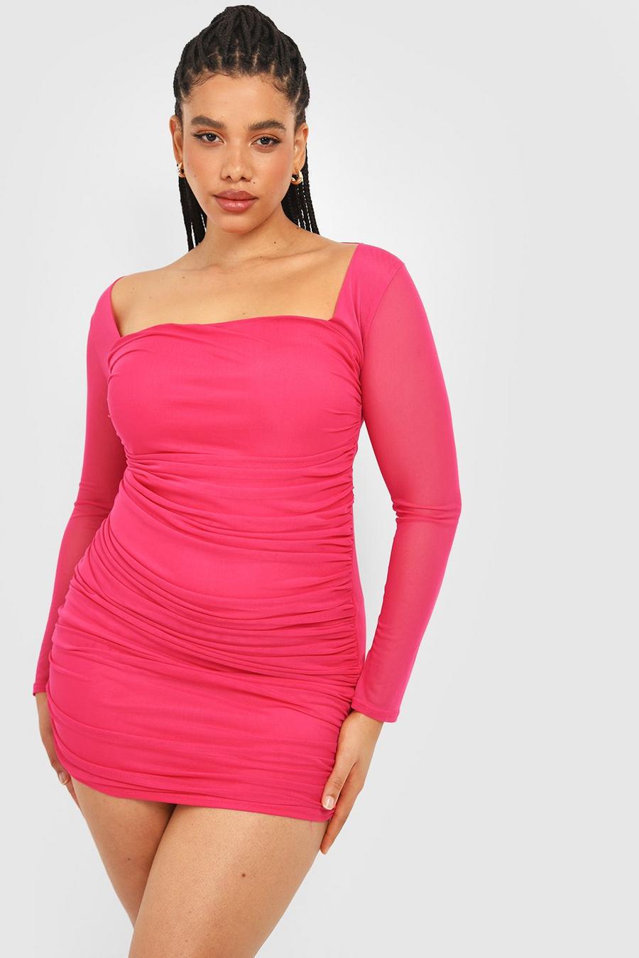 Vestito Plus Size in rete con scollo quadrato, Hot pink rosa