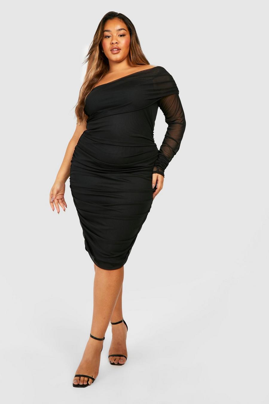 Black Plus Mesh One Shoulder Shoulder Midi Dress image number 1