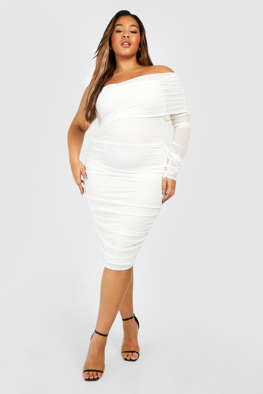 White Plus Mesh One Shoulder Shoulder Midi Dress image number 1