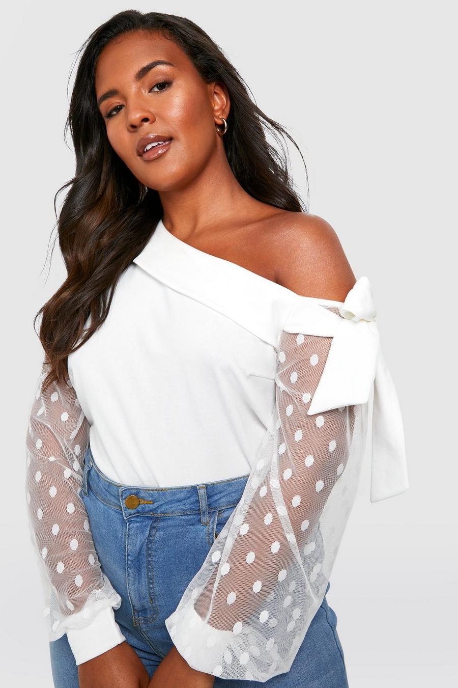 Ivory white Plus Spot Mesh Sleeve Off Shoulder Top