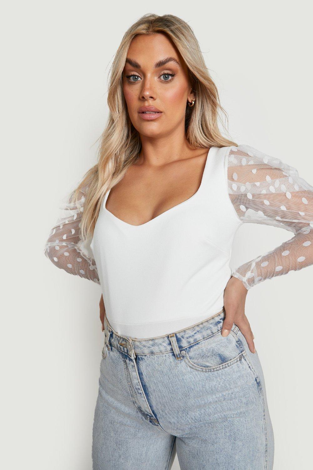 White Long Sleeve Lace Mesh Bodysuit, Tops