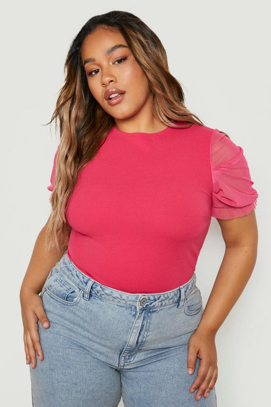 Hot pink Plus Mesh Ruched Sleeve Bodysuit 