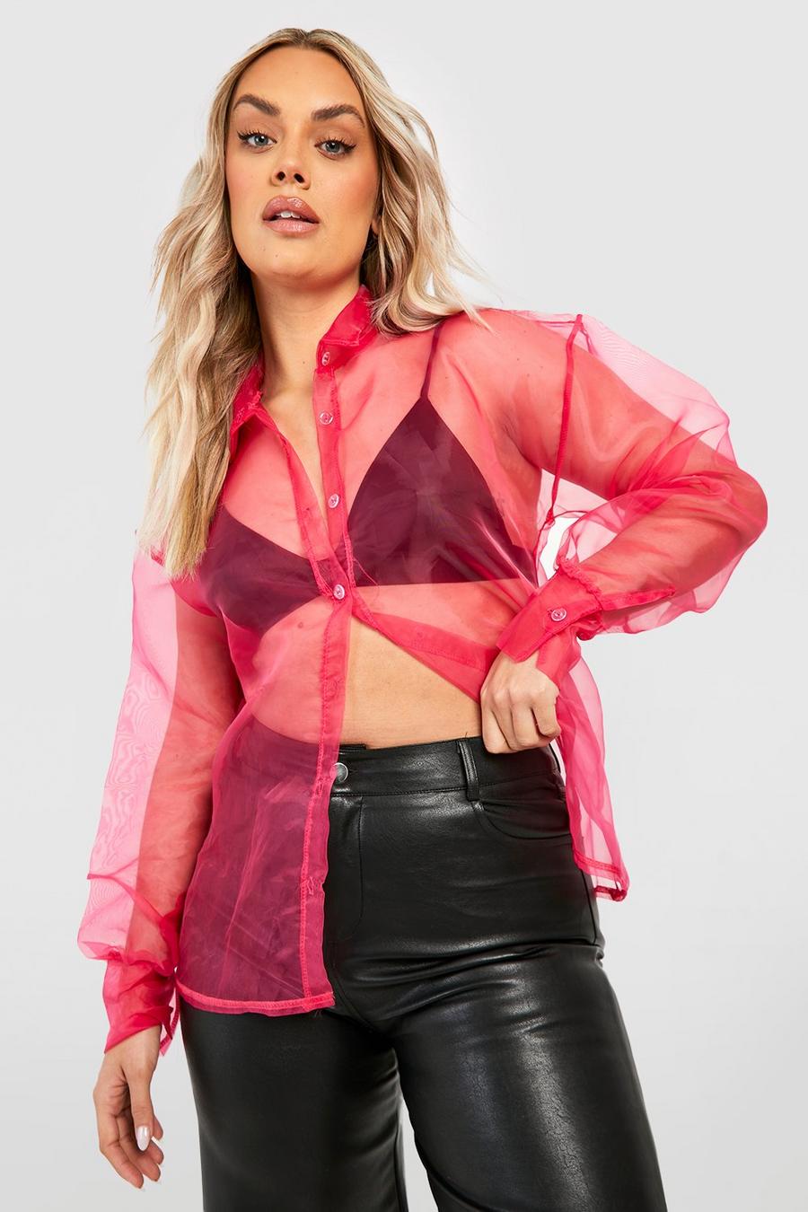 Camicia Plus Size in organza, Hot pink image number 1