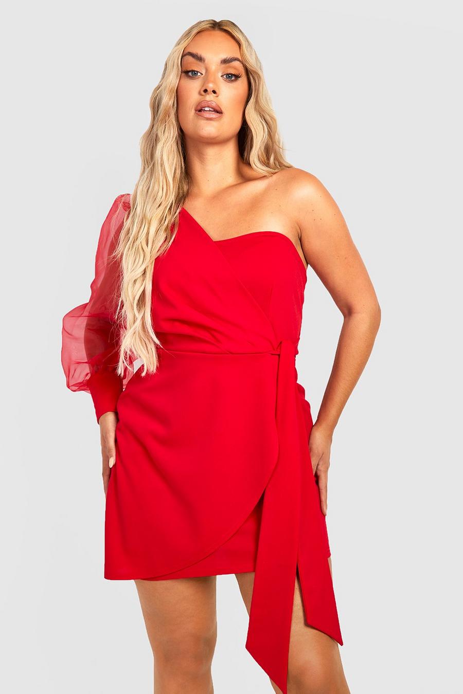 Red Plus Organza One Sleeve Wrap Dress
