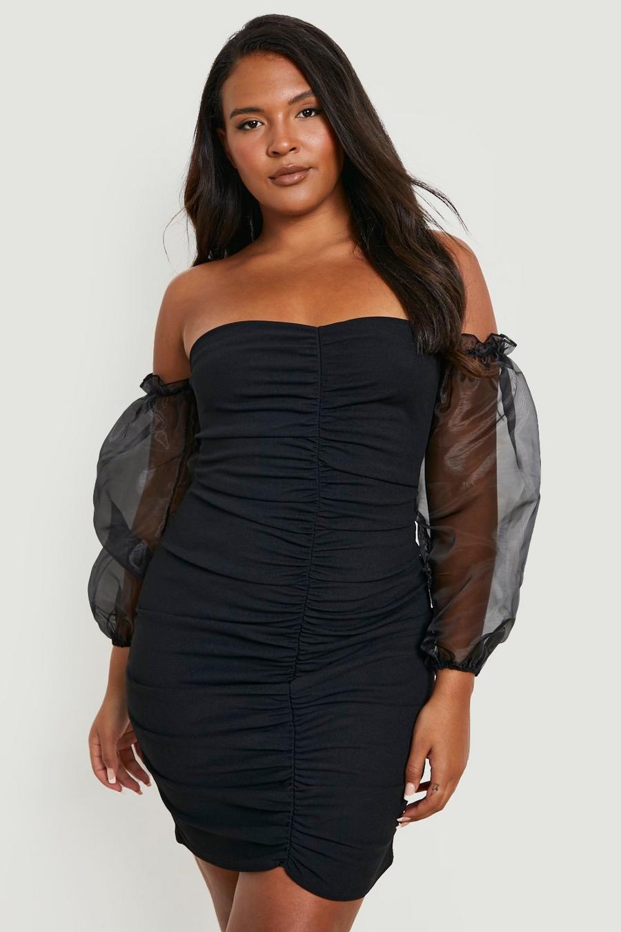 Black Plus Ruched Organza Sleeve Bodycon Dress image number 1