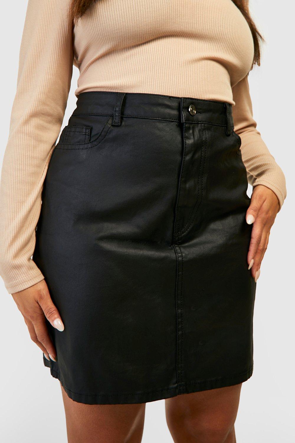 Boohoo Women s Plus Coated High Waisted Denim Mini Skirt Black