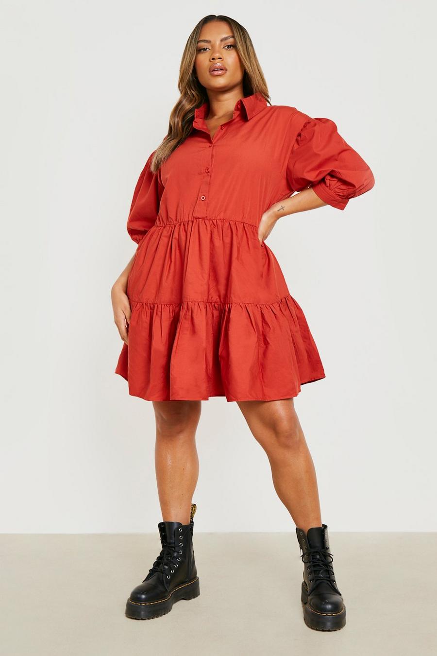 Rust Plus Tiered Smock Shirt Dress image number 1