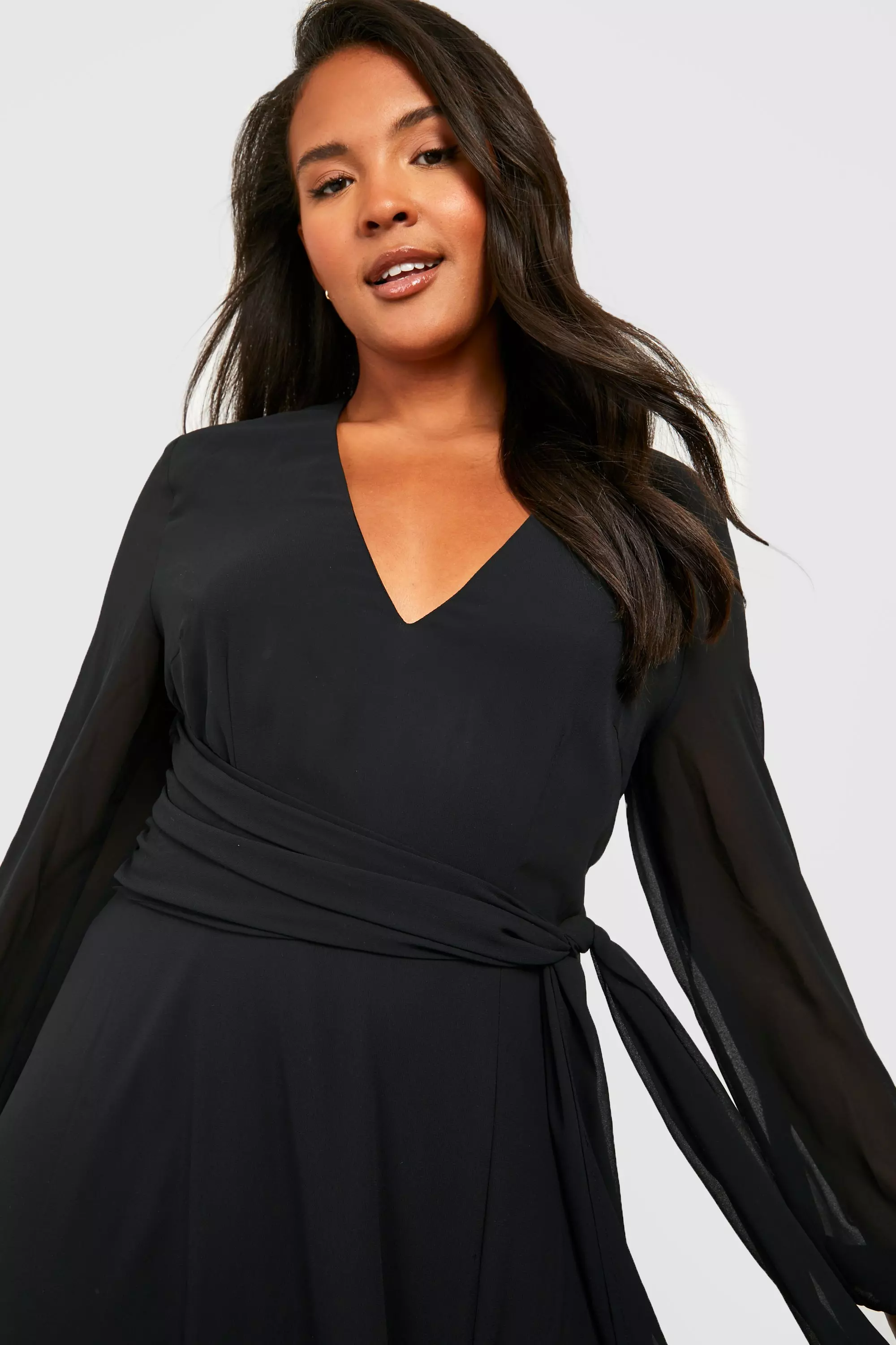 V neck long on sale sleeve belted maxi dress