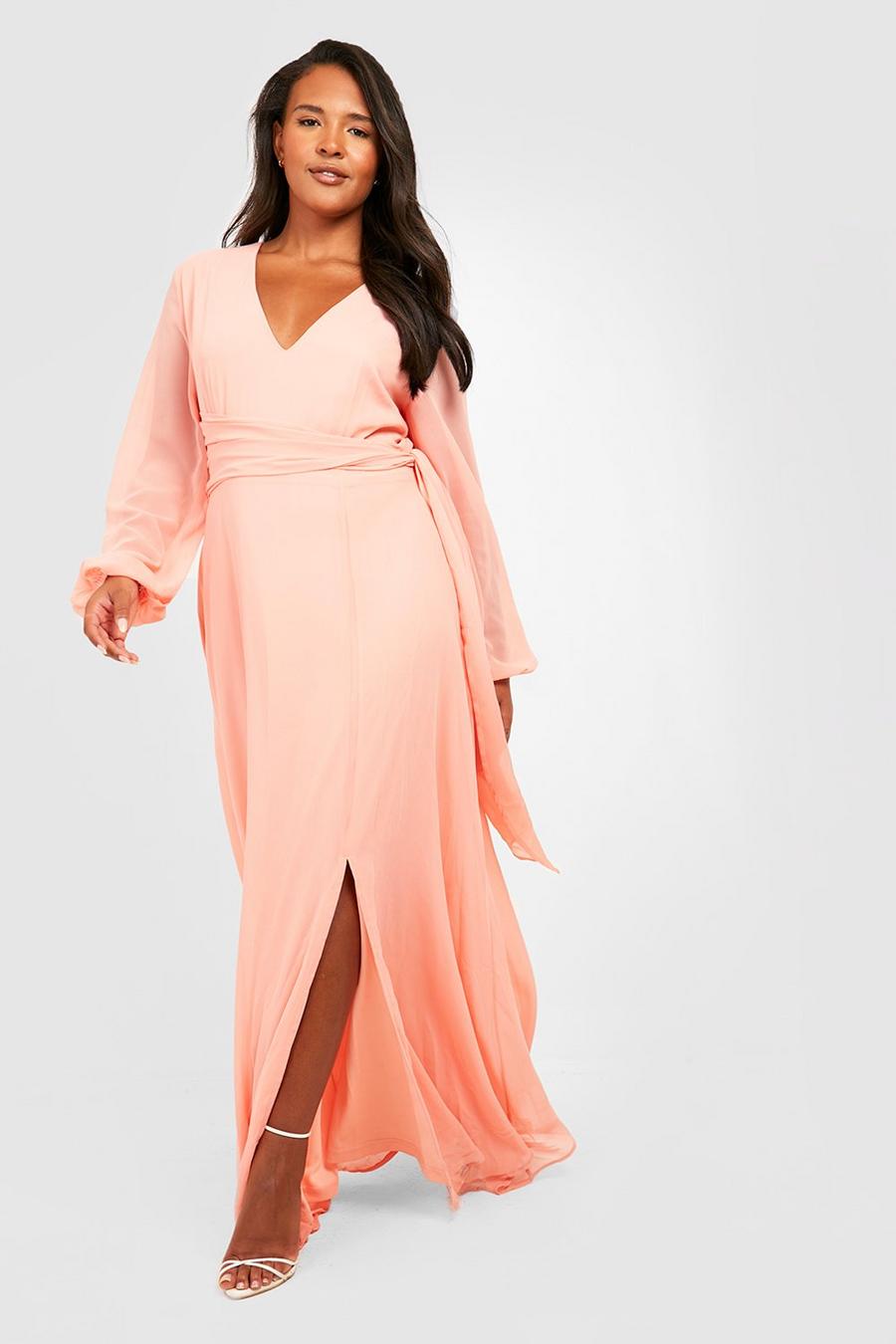Blush pink Plus Chiffon Long Sleeve Belted Maxi Dress