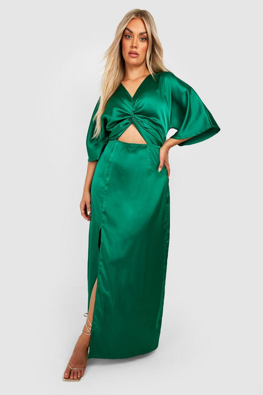 Forest green Plus Satin Angel Sleeve Split Maxi Dress image number 1