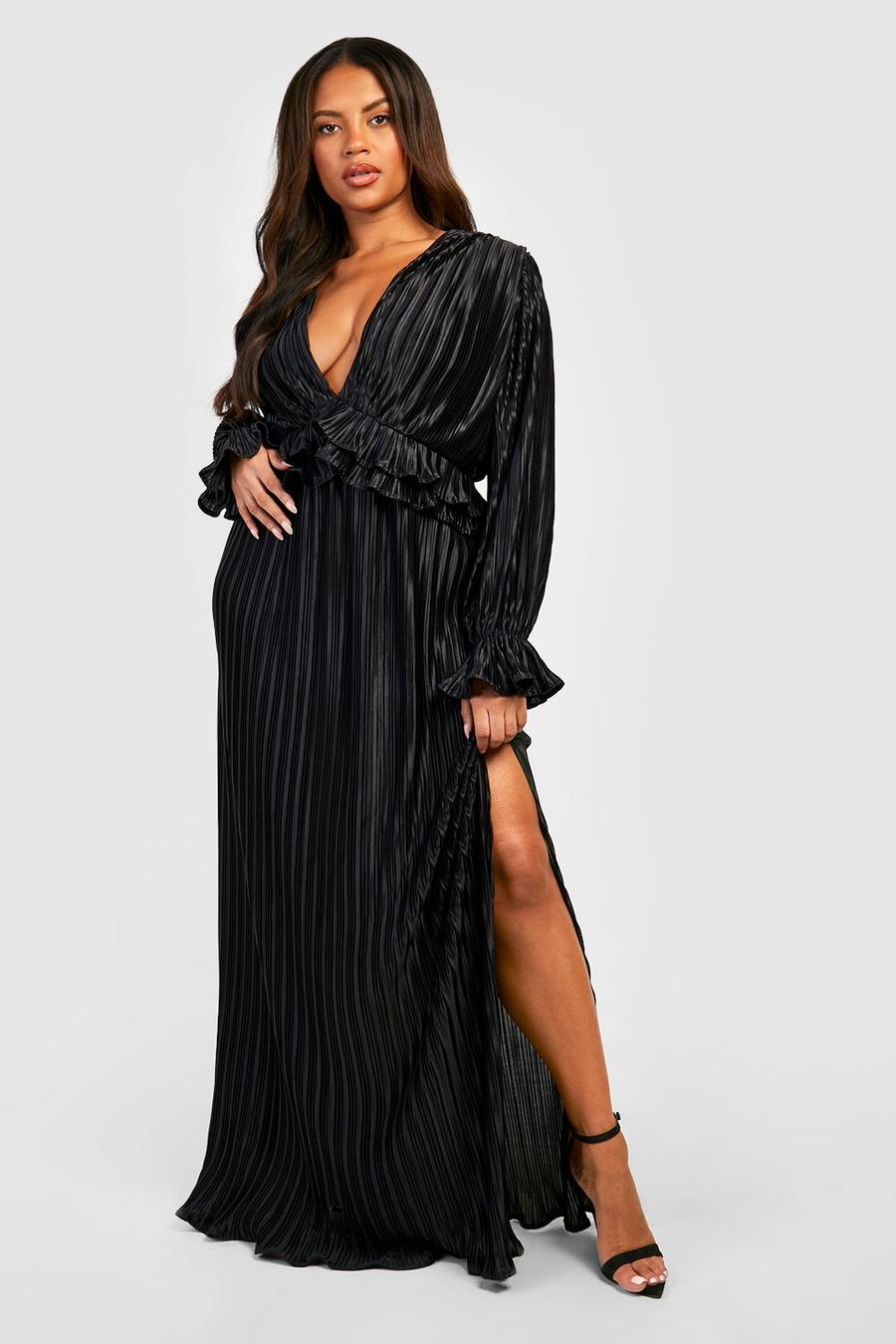 Black Plus Pleated Plunge Ruffle Detail Maxi Dress image number 1