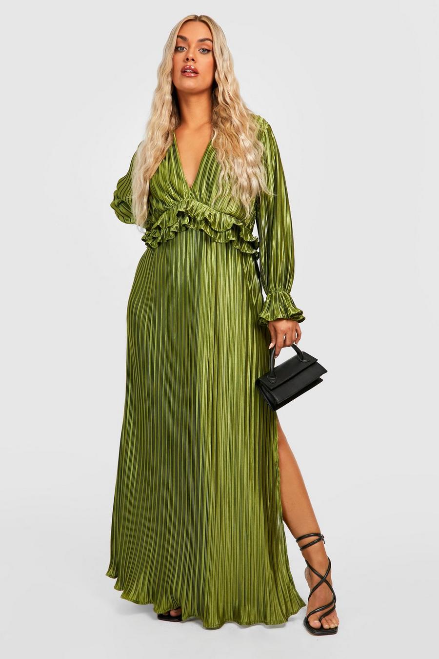Olive Plus Pleated Plunge Ruffle Detail Maxi Dress image number 1