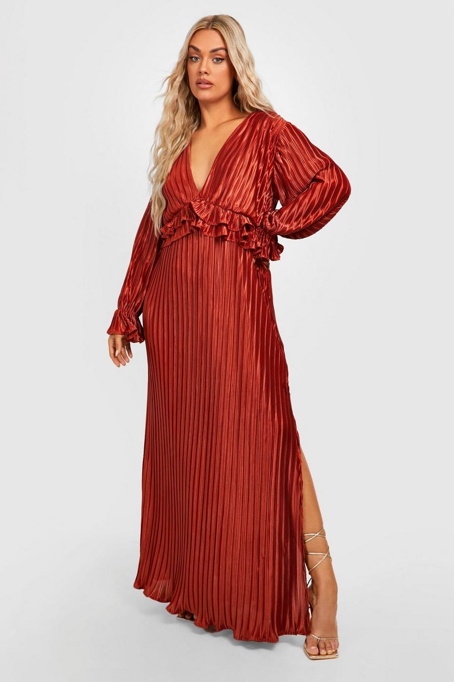 Rust Plus Pleated Plunge Ruffle Detail Maxi Dress image number 1