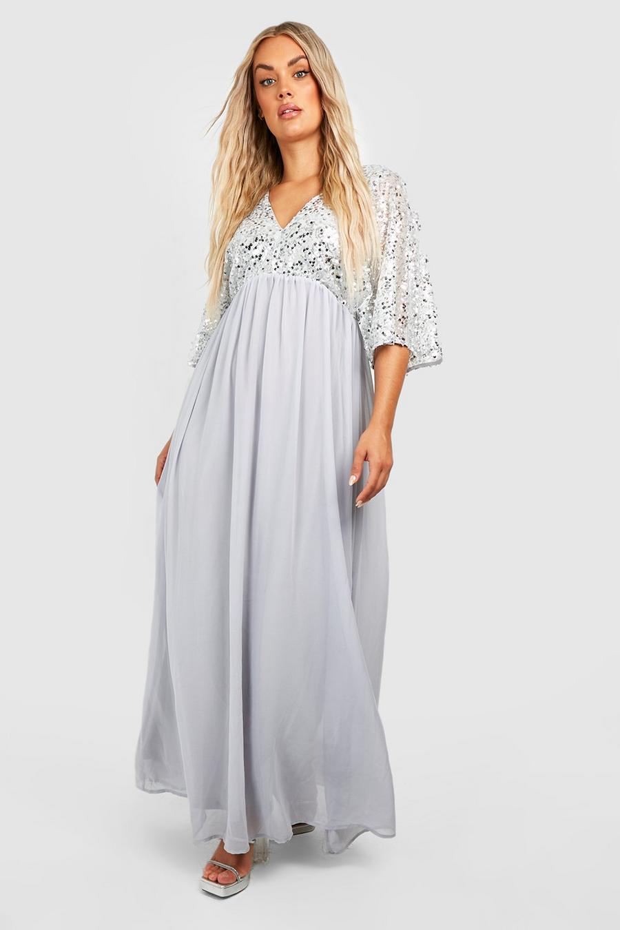 Silver Plus Sequin Chiffon Maxi Dress