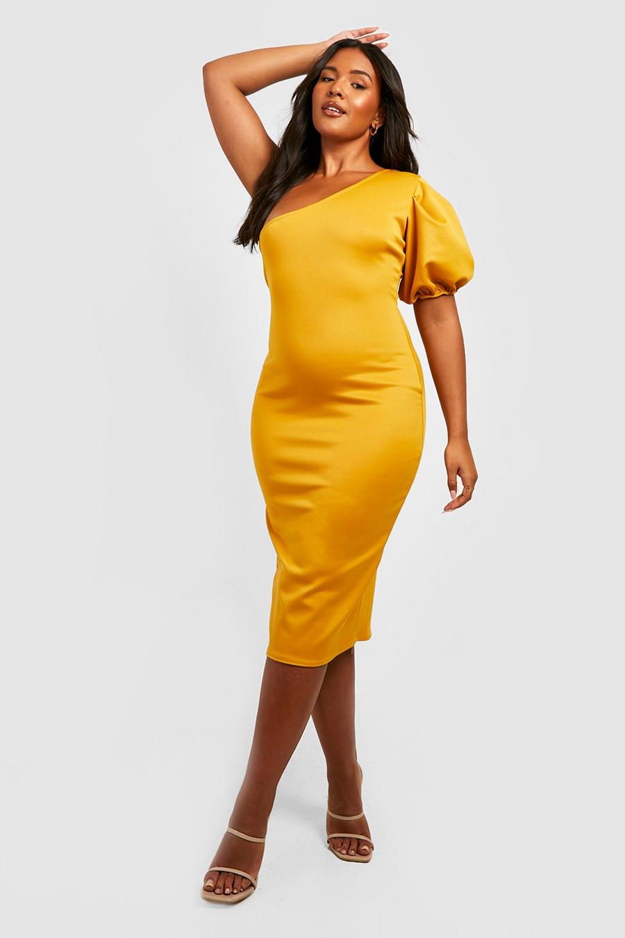 Mustard amarillo Plus Scuba One Shoulder Midi Dress