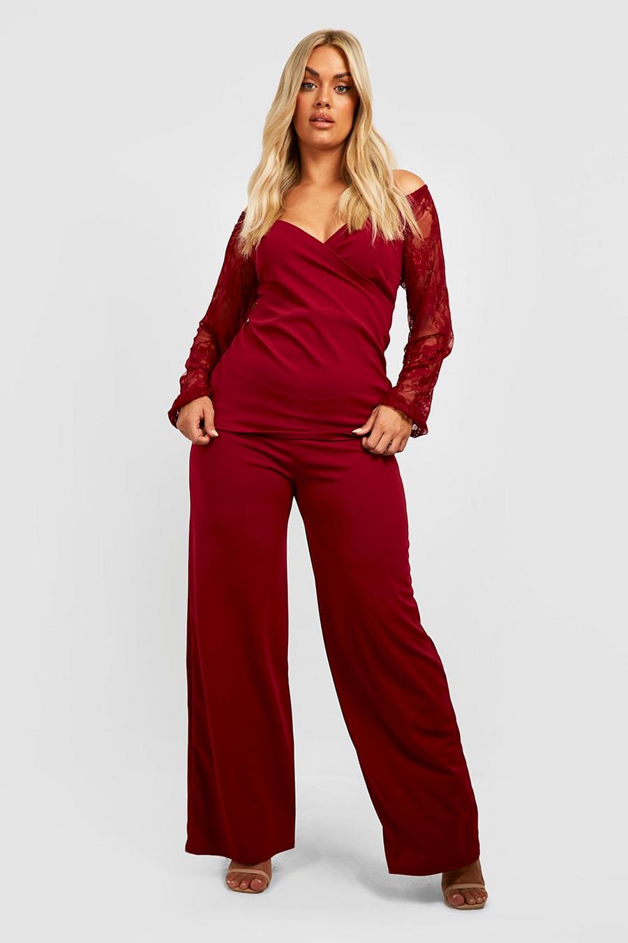 Maroon Plus Bardot Lace Sleeve And Pants Co-Ord image number 1