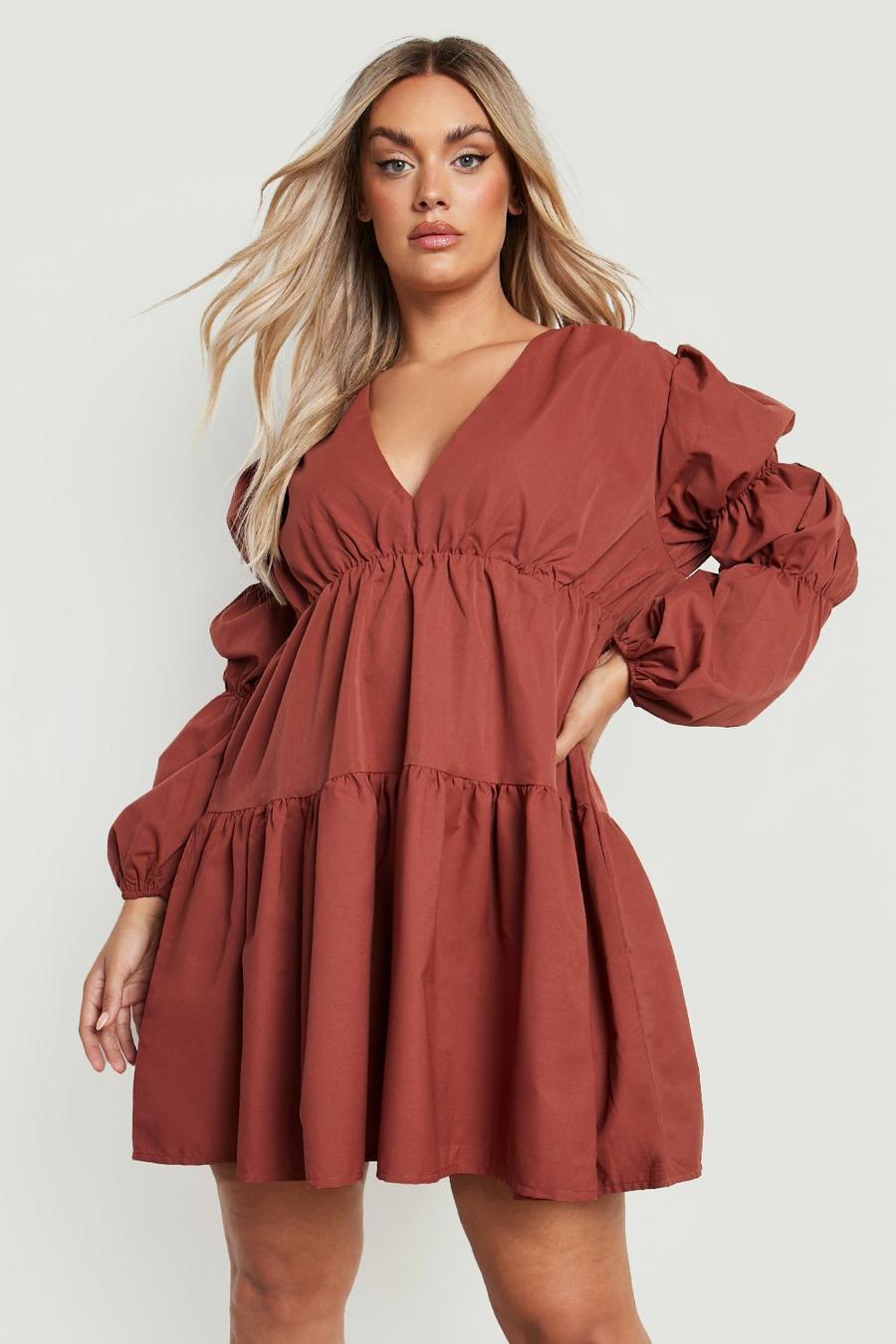 Rust Plus Woven Tiered V Neck Smock Dress image number 1