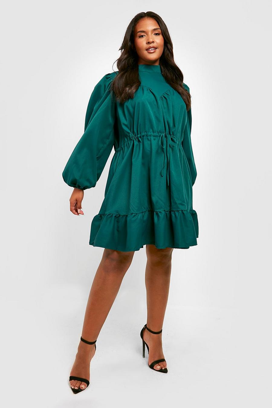 Emerald green Plus High Neck Tiered Smock Dress