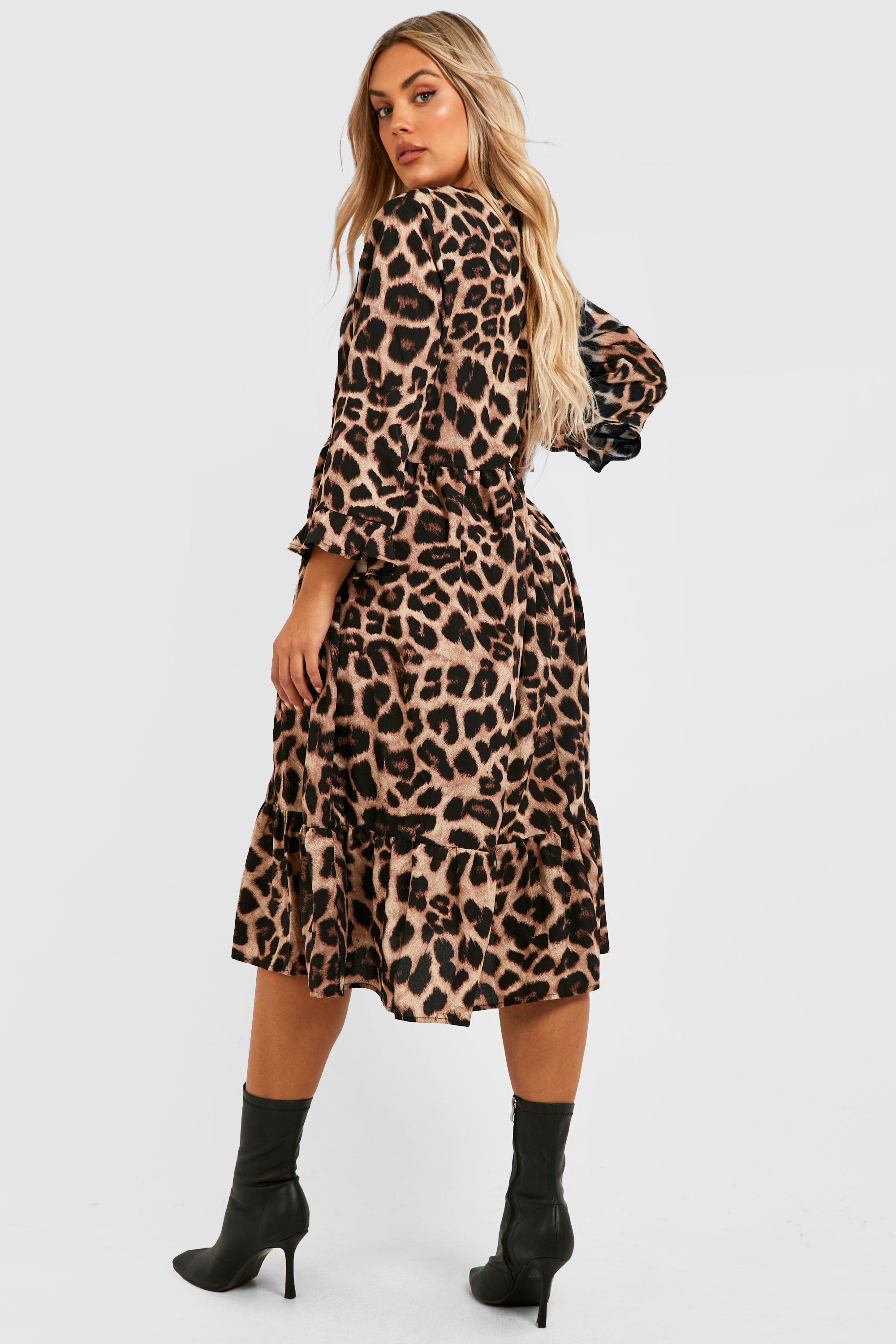 Plus Woven Leopard Midi Smock Dress boohoo