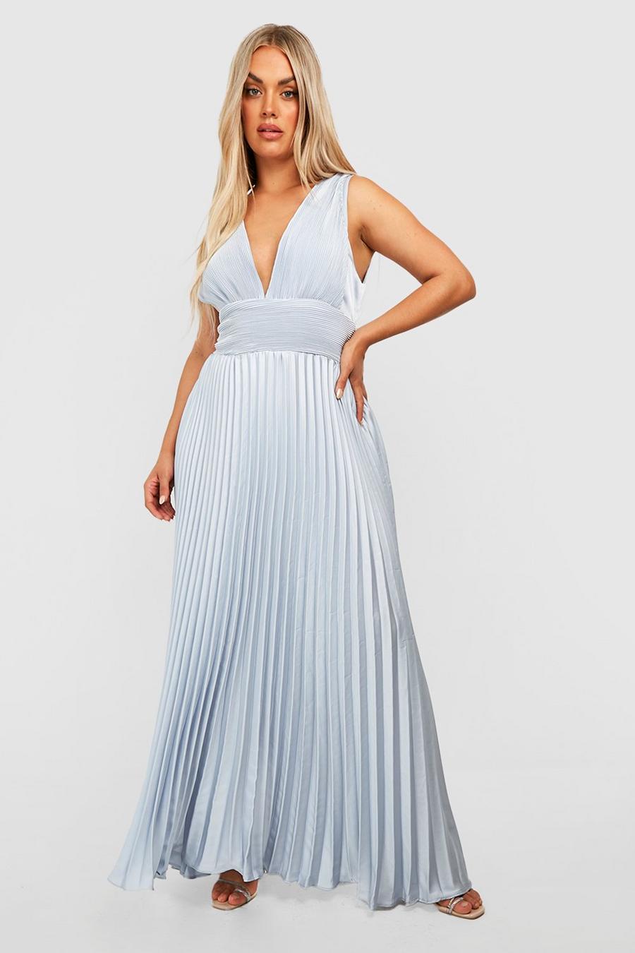 Silver Plus Occasion Pleated Plunge Maxi Dress image number 1