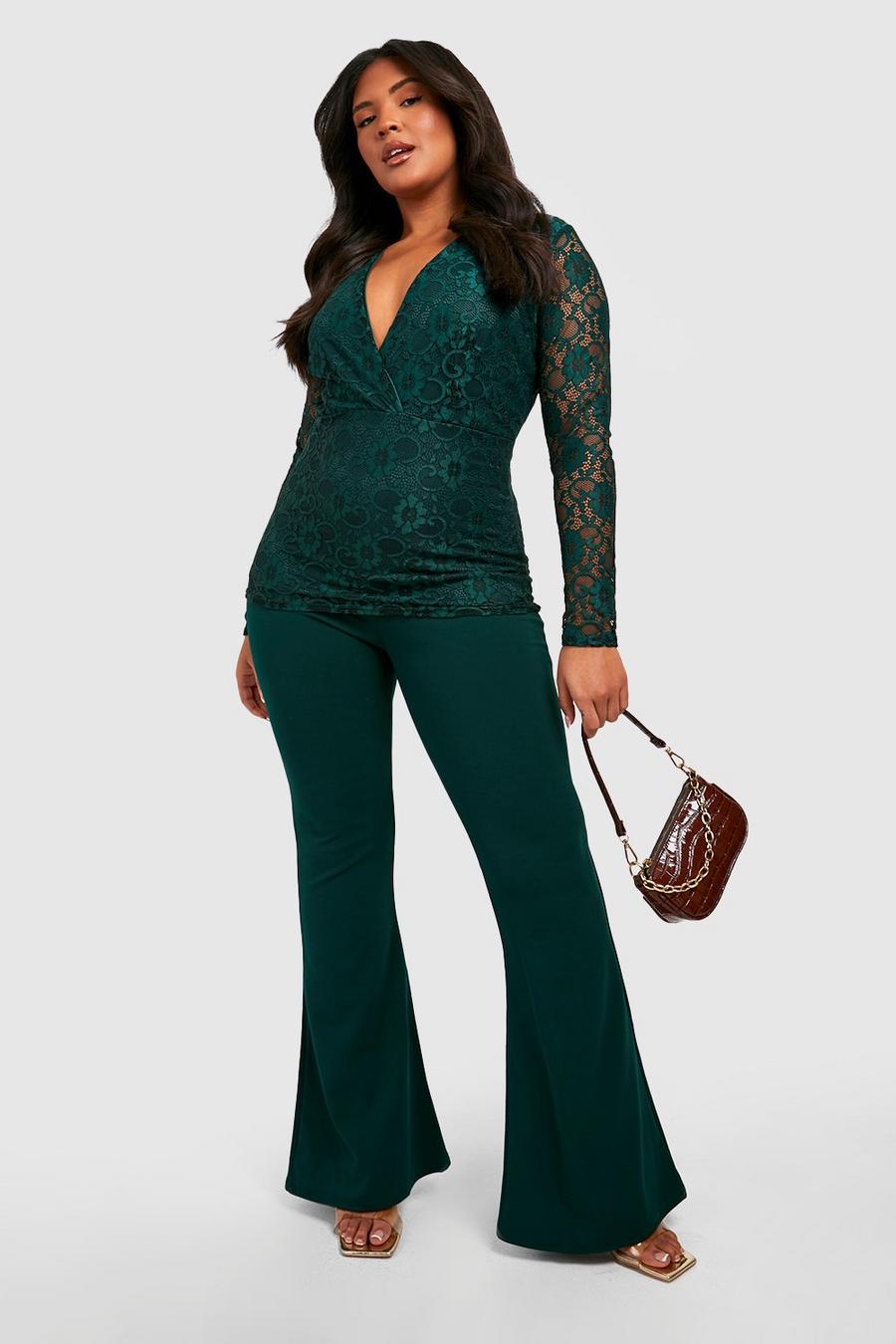 Forest green Plus Plunge Lace Detail Pants Co-Ord