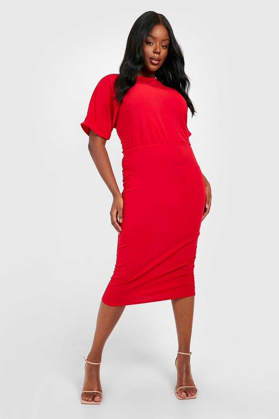 Red Plus Batwing Ruched Midi Dress image number 1