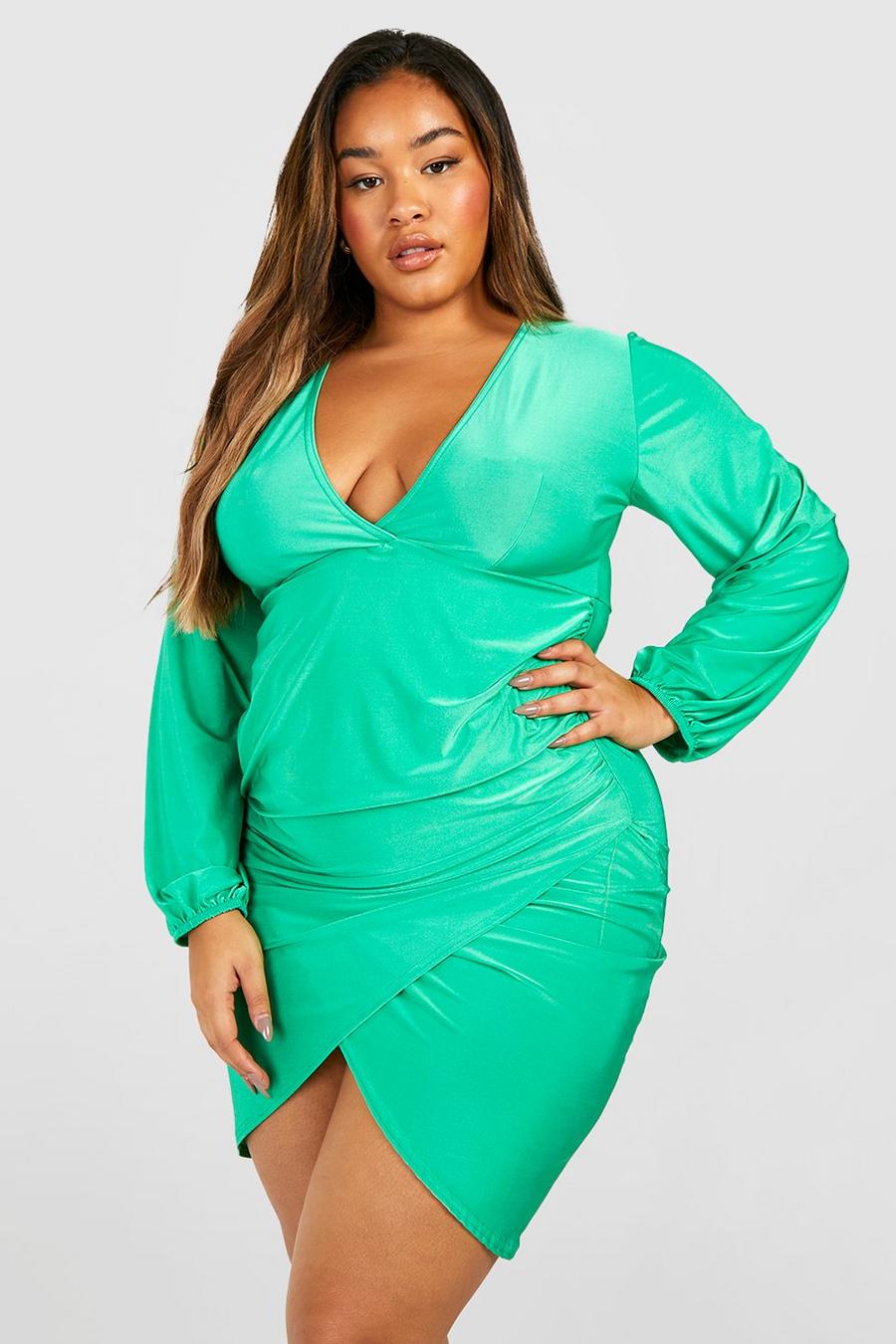 Green Plus Slinky Wrap Long Sleeve Mini Dress image number 1