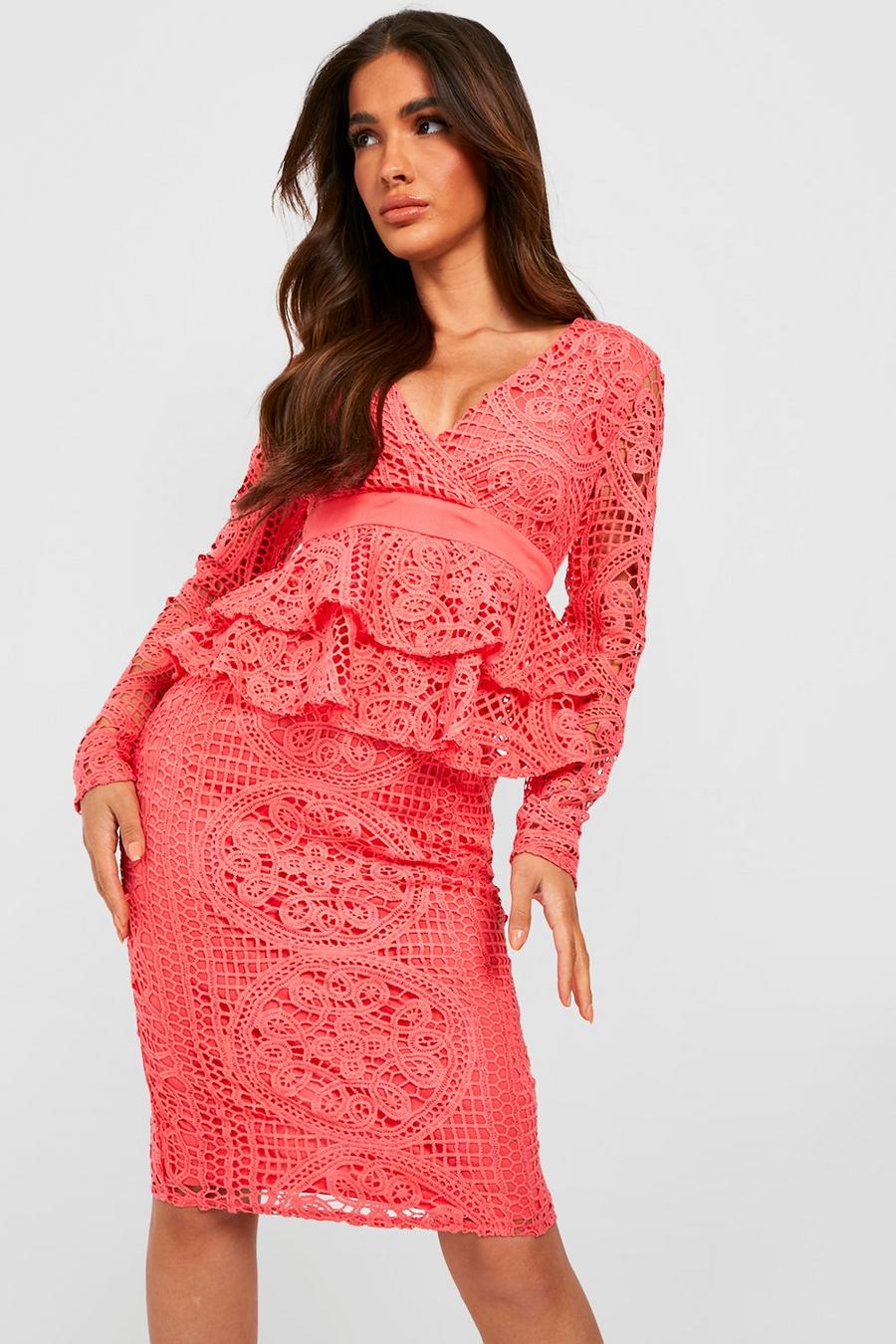 Red Lace Ruffle Detail Midi Dress image number 1