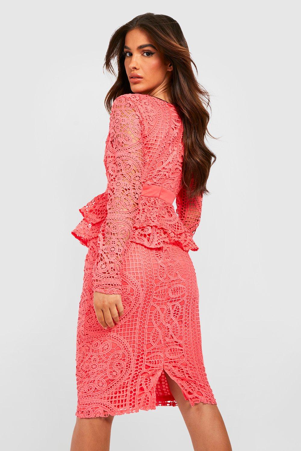 Lace ruffle midi outlet dress