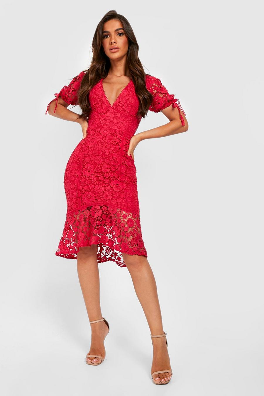 Berry red Lace Peplum Hem Detail Midi Dress