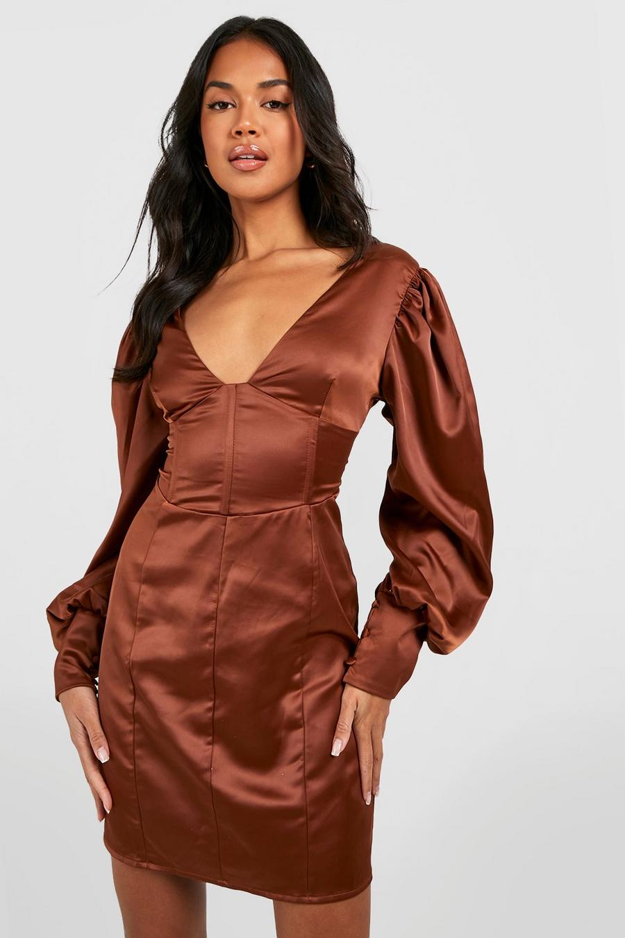 Chocolate marrone Volume Sleeve Satin Bodycon Dress