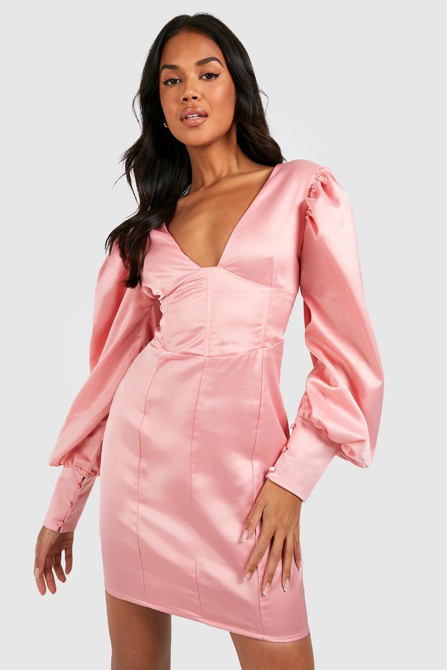 Satin Bodycon-Kleid mit Volumenärmeln, Rose rosa