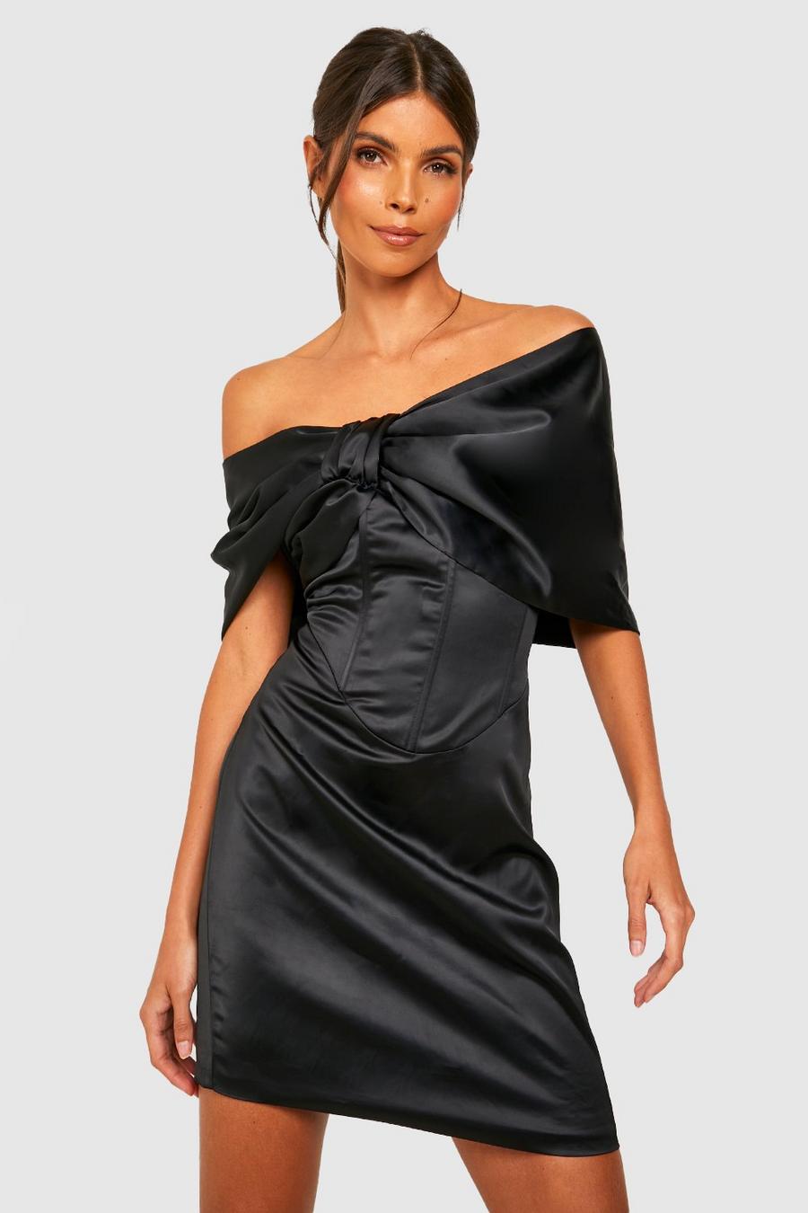שחור nero שמלת סאטן בסגנון ברדו עם עיטור מחוך