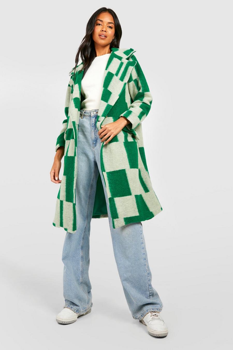 Green Oversized Check Print Wool Look Coat  image number 1