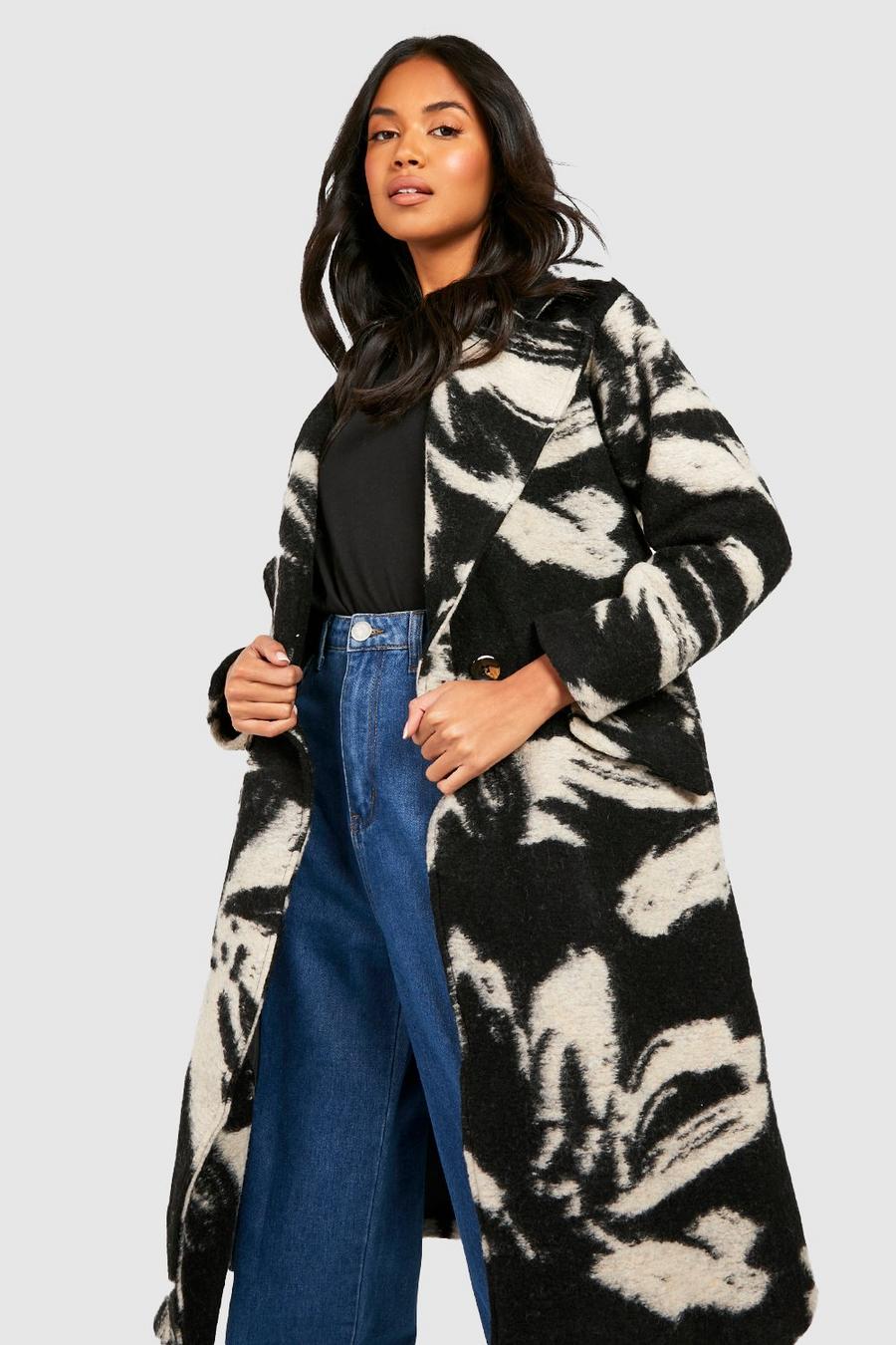 Black Oversized Abstract Print Wool Look Coat image number 1