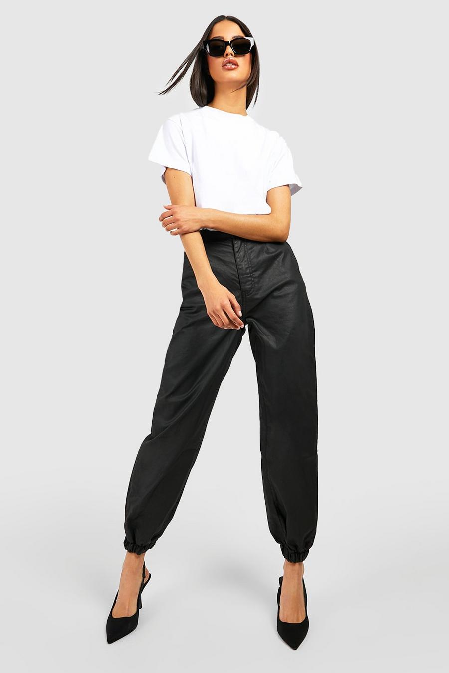 Black Coated High Waisted Cargo Jeans image number 1