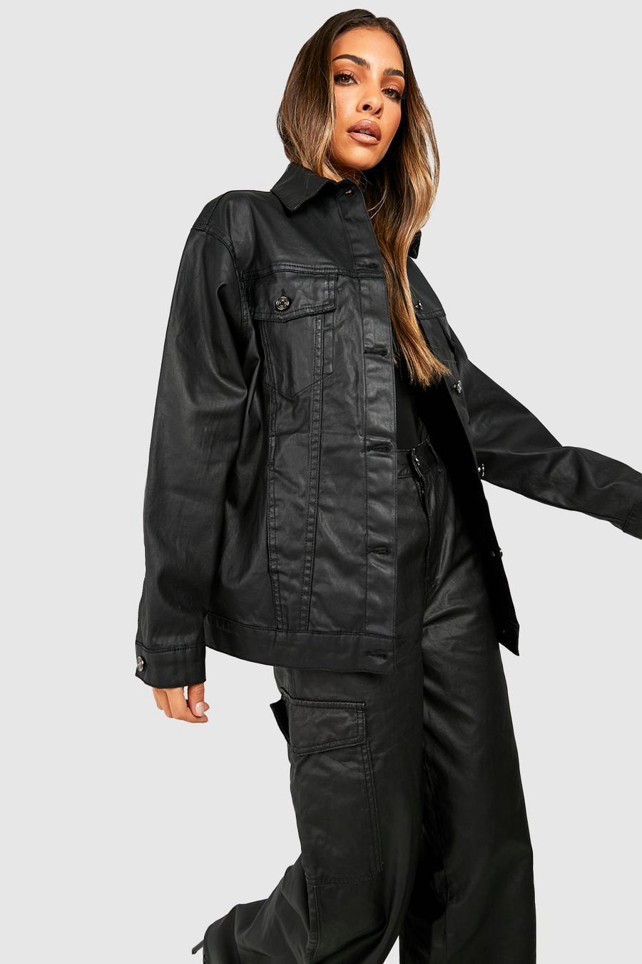 Black Coated Denim Oversized Jacket