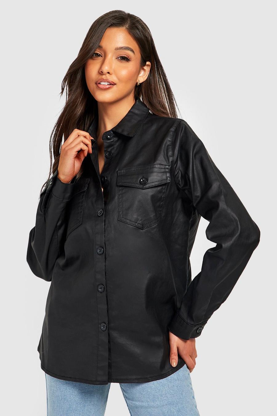 Black Coated Denim Shirt Jacket