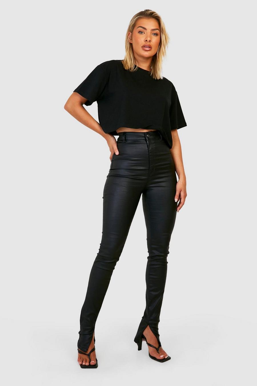 Jeans a vita alta Skinny Fit rivestiti con spacco sul fondo, Black nero