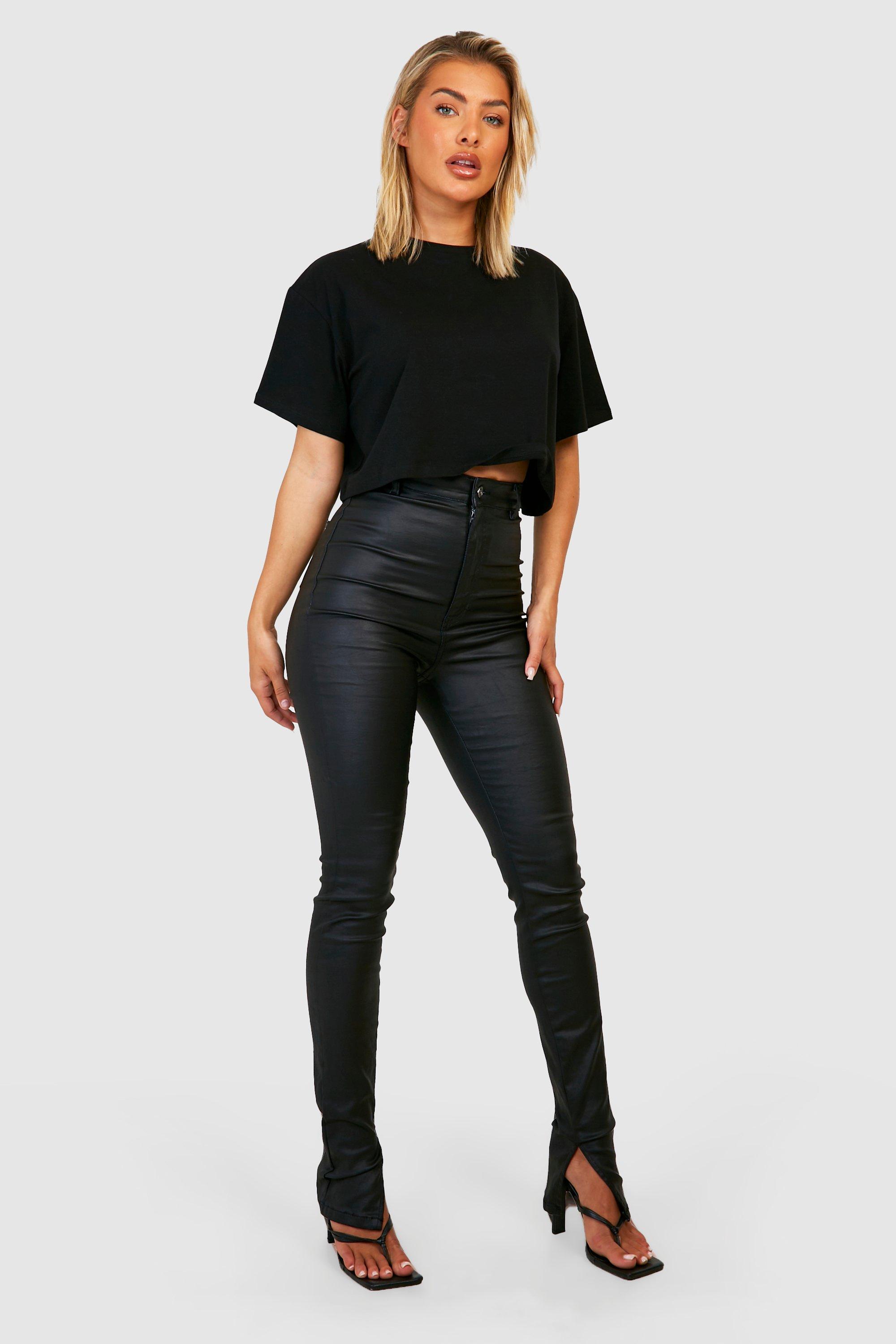 Coated High Waisted Split Hem Skinny | boohoo