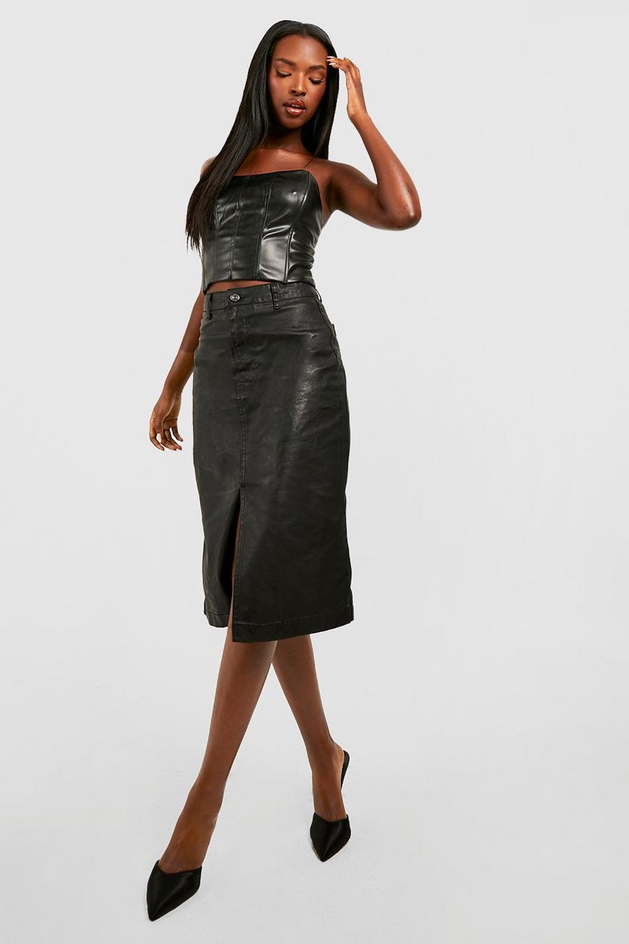 Black svart Coated Denim Midi Skirt image number 1