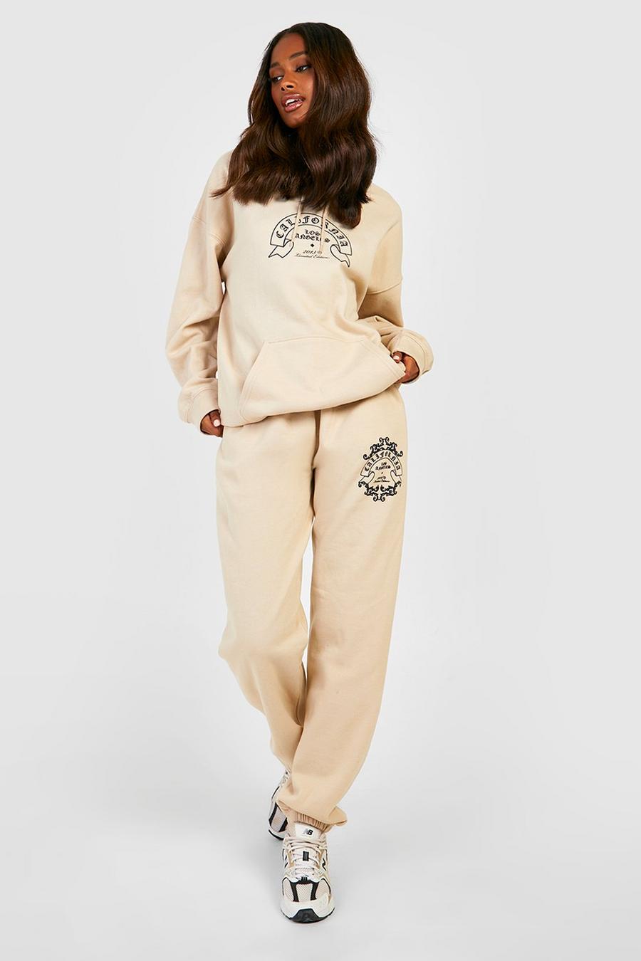 Sand beis California Back Print Hooded Tracksuit