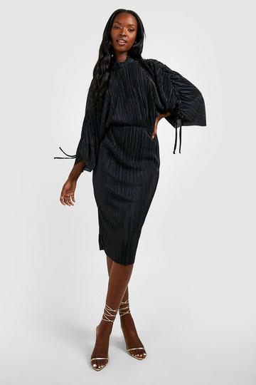 Plisse High Neck Ruched Sleeve Midi Dress black