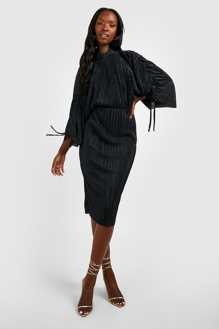 Black Plisse High Neck Ruched Sleeve Midi Dress image number 1
