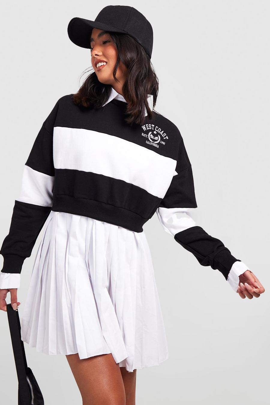 Black negro Rugby Stripe Pleated 2 In 1 Sweatshirt Dress image number 1