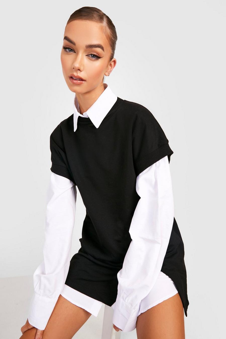 Black Contrast Binding 2 In 1 Sweatshirt Dress image number 1