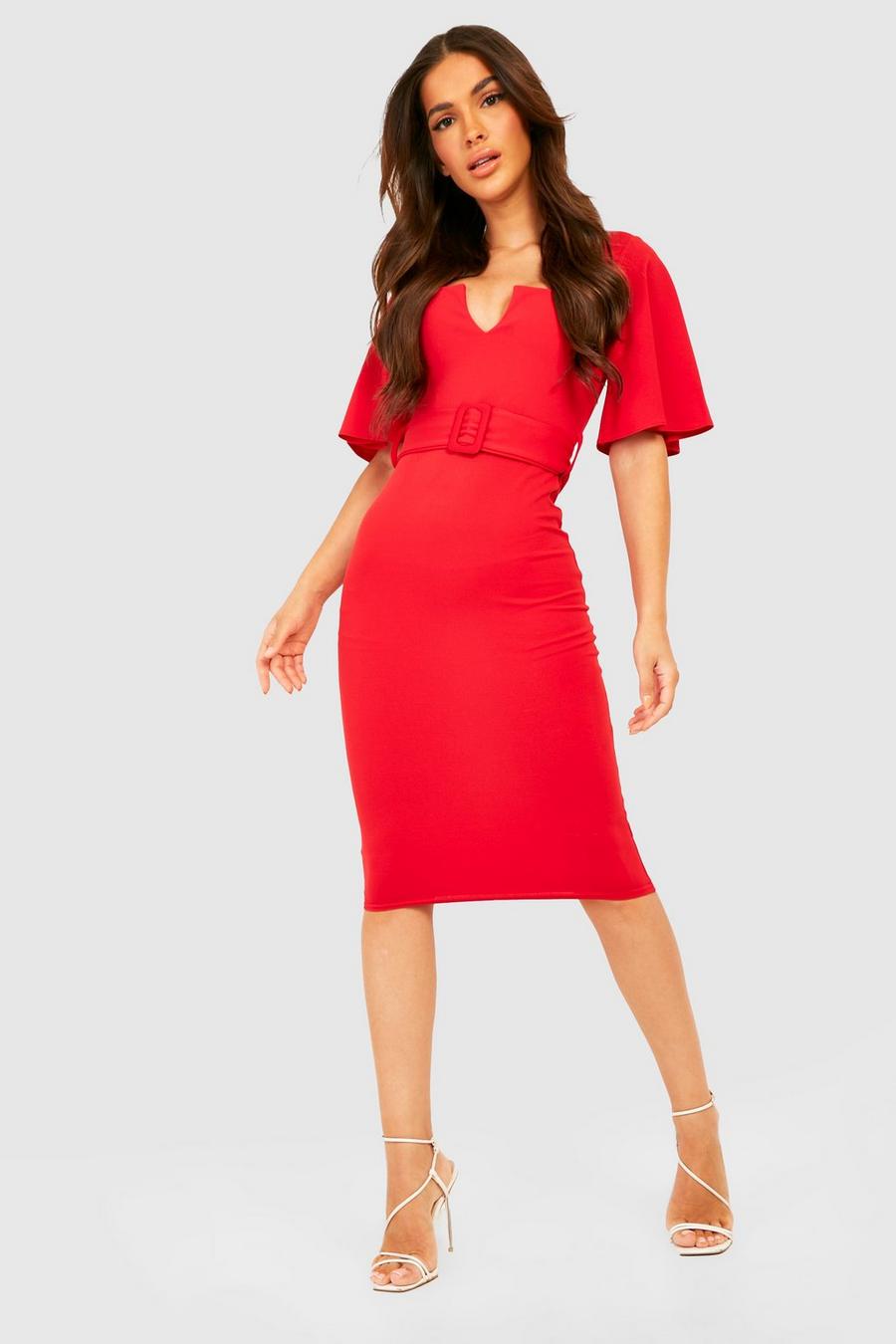 Red Frill Sleeve Notch Detail Tailored Midi Dress image number 1