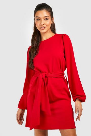 Red Volume Sleeve Tie Waist Tailored Mini Dress