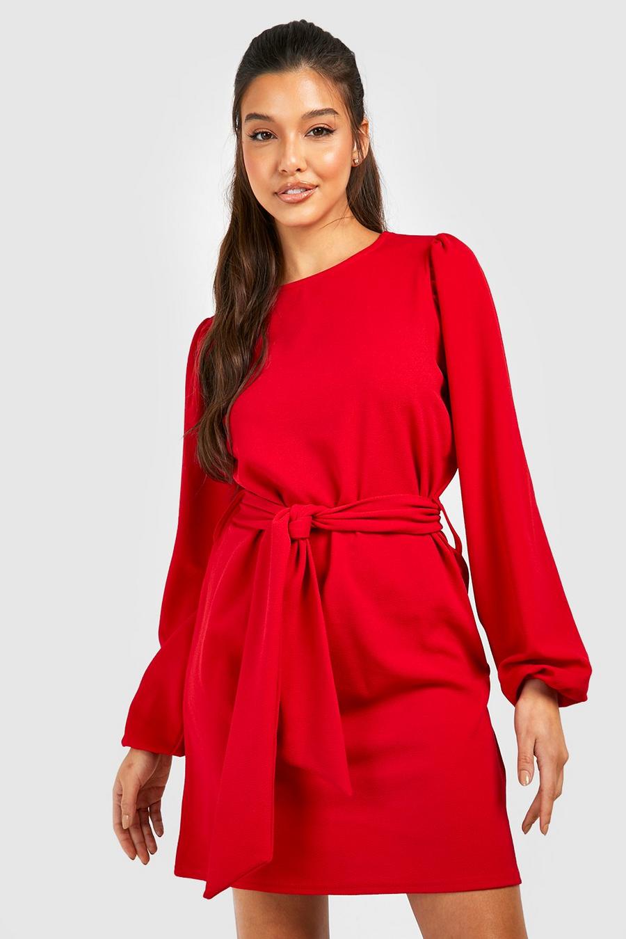 Red Volume Sleeve Tie Waist Tailored Mini Dress image number 1