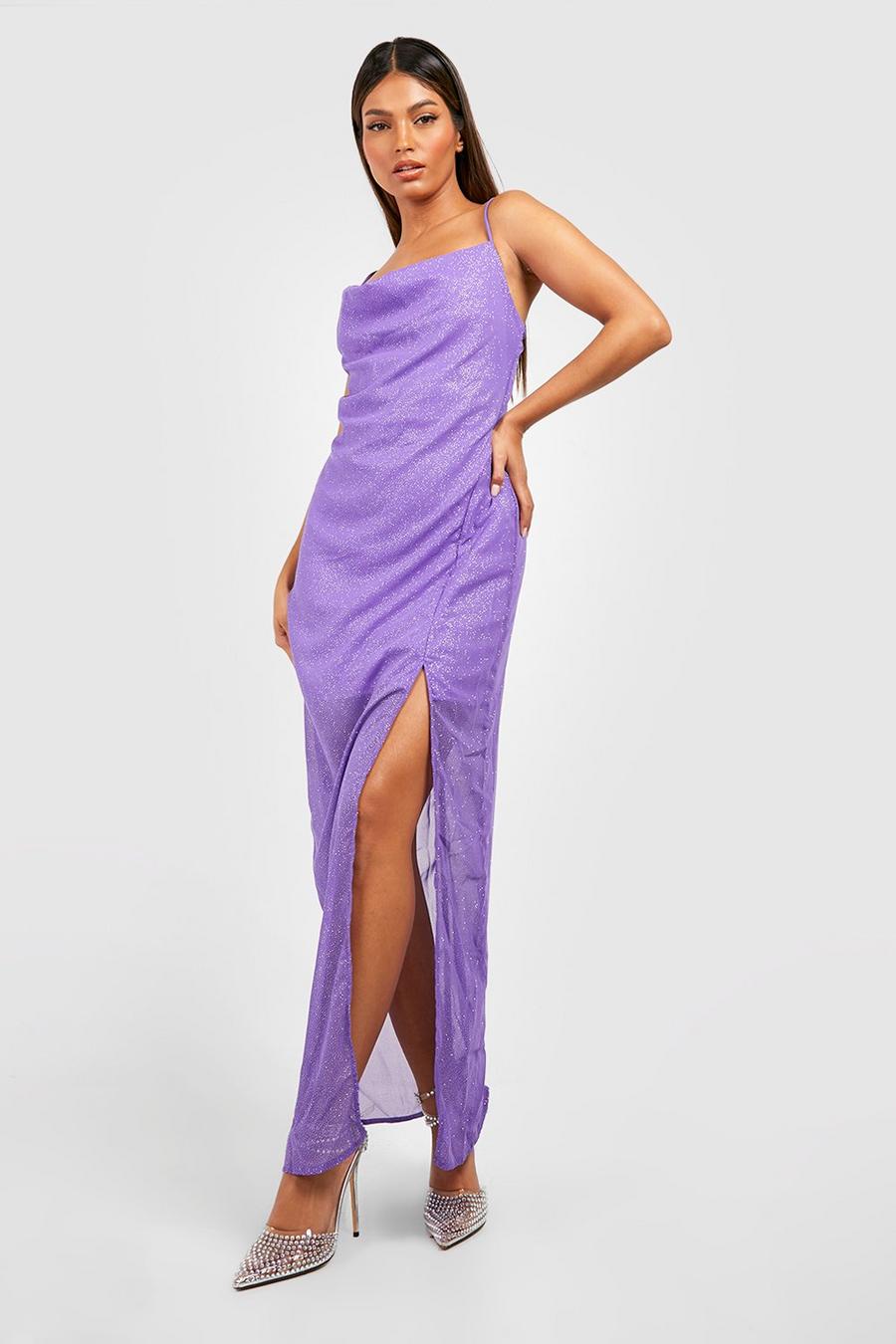 Purple Glitter Cowl Neck Maxi Party Dress image number 1
